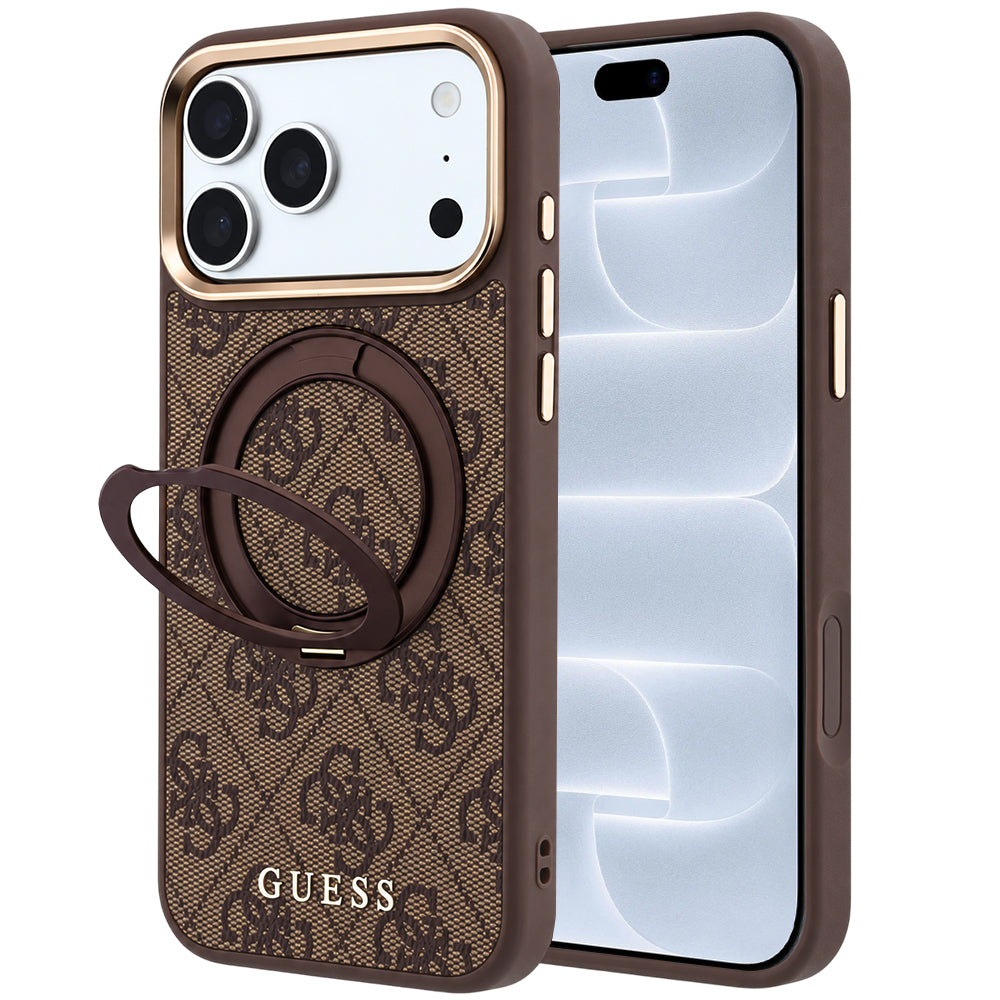 Калъф MagSafe за Apple iPhone 18 Pro / 17 Pro, Guess, Ring Stand 360 4G Classic Logo, Кафяв
