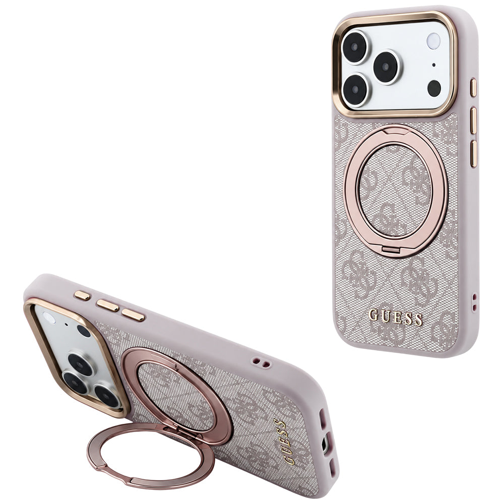 Калъф MagSafe за Apple iPhone 18 Pro / 17 Pro, Guess, Ring Stand 360 4G Classic Logo, Розов