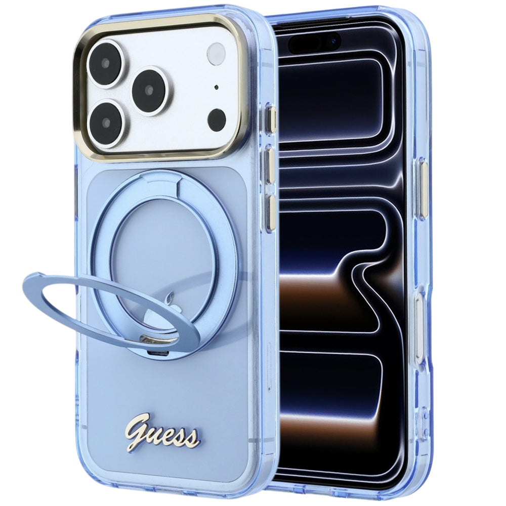 Калъф MagSafe за Apple iPhone 18 Pro / 17 Pro, Guess, Ring Stand Script Metal Logo, Bleu