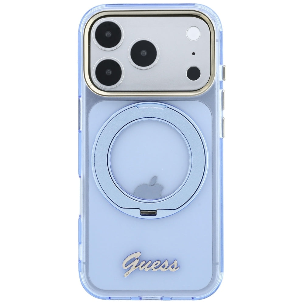 Калъф MagSafe за Apple iPhone 18 Pro / 17 Pro, Guess, Ring Stand Script Metal Logo, Bleu