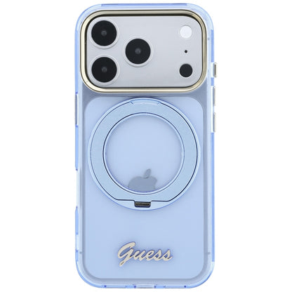 Калъф MagSafe за Apple iPhone 18 Pro / 17 Pro, Guess, Ring Stand Script Metal Logo, Bleu