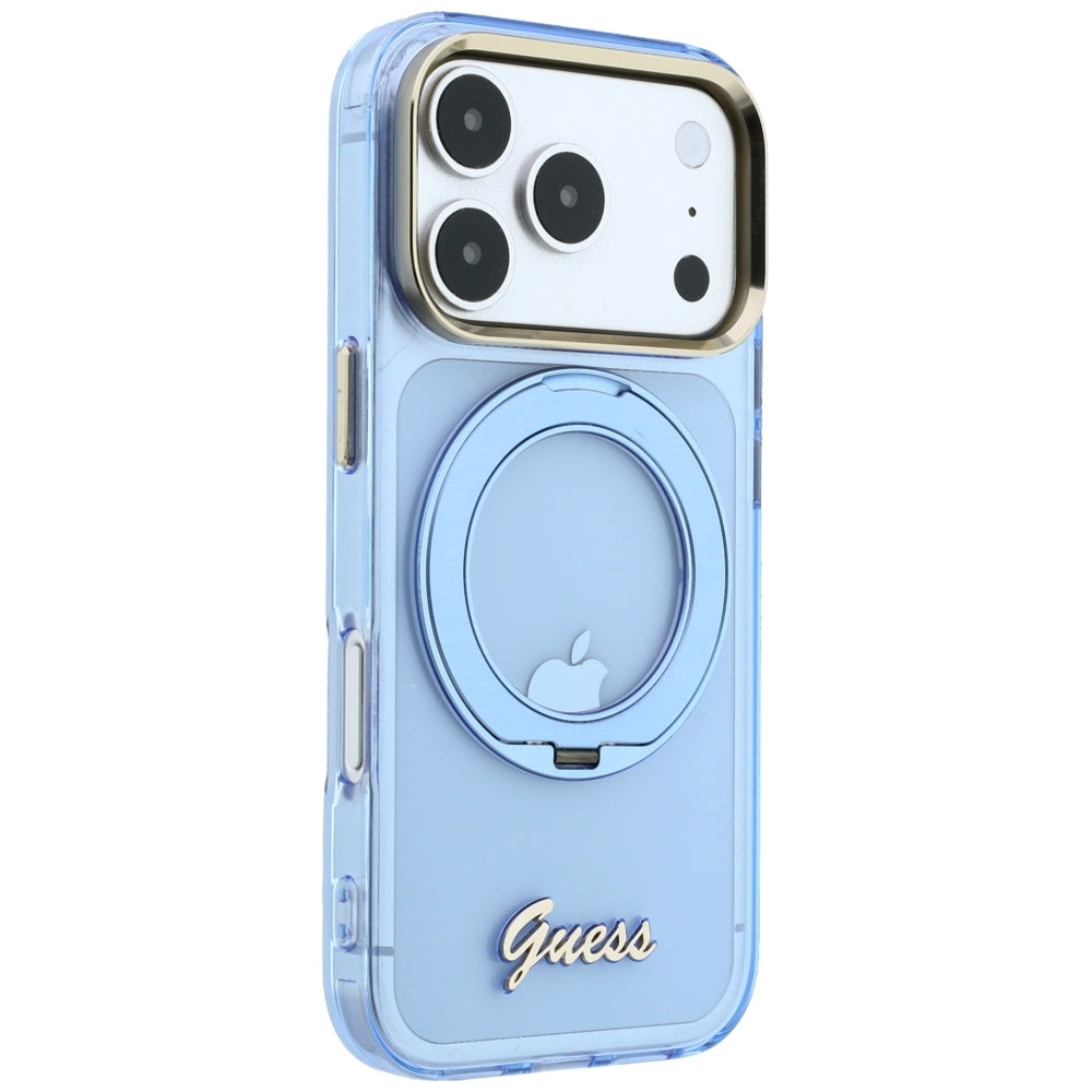 Калъф MagSafe за Apple iPhone 18 Pro / 17 Pro, Guess, Ring Stand Script Metal Logo, Bleu