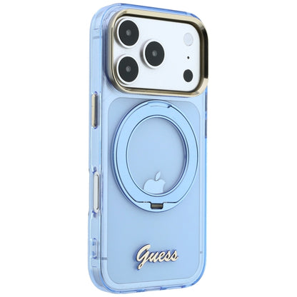 Калъф MagSafe за Apple iPhone 18 Pro / 17 Pro, Guess, Ring Stand Script Metal Logo, Bleu