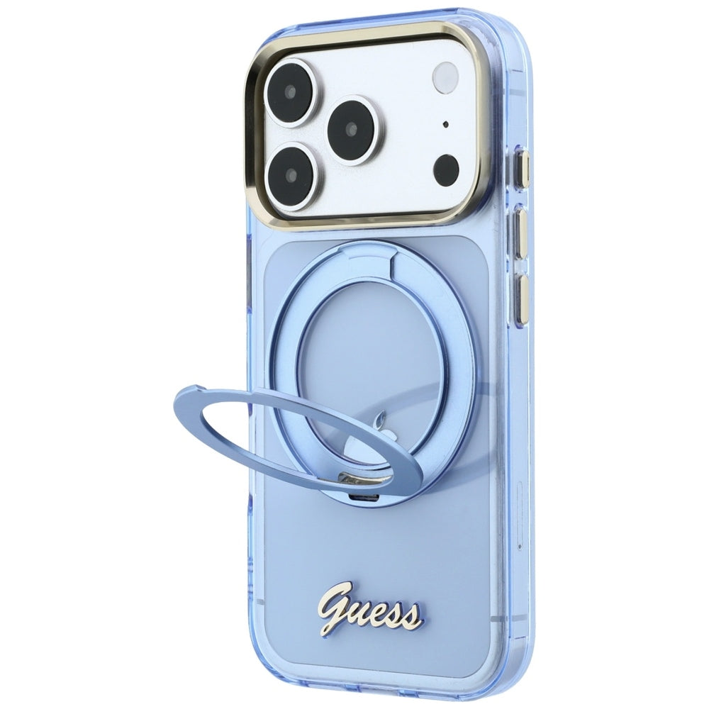Калъф MagSafe за Apple iPhone 18 Pro / 17 Pro, Guess, Ring Stand Script Metal Logo, Bleu