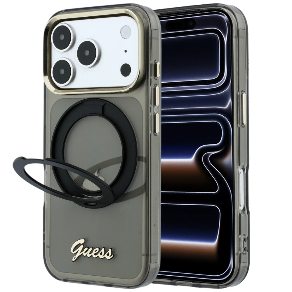 Калъф MagSafe за Apple iPhone 18 Pro / 17 Pro, Guess, Ring Stand Script Metal Logo, Черен