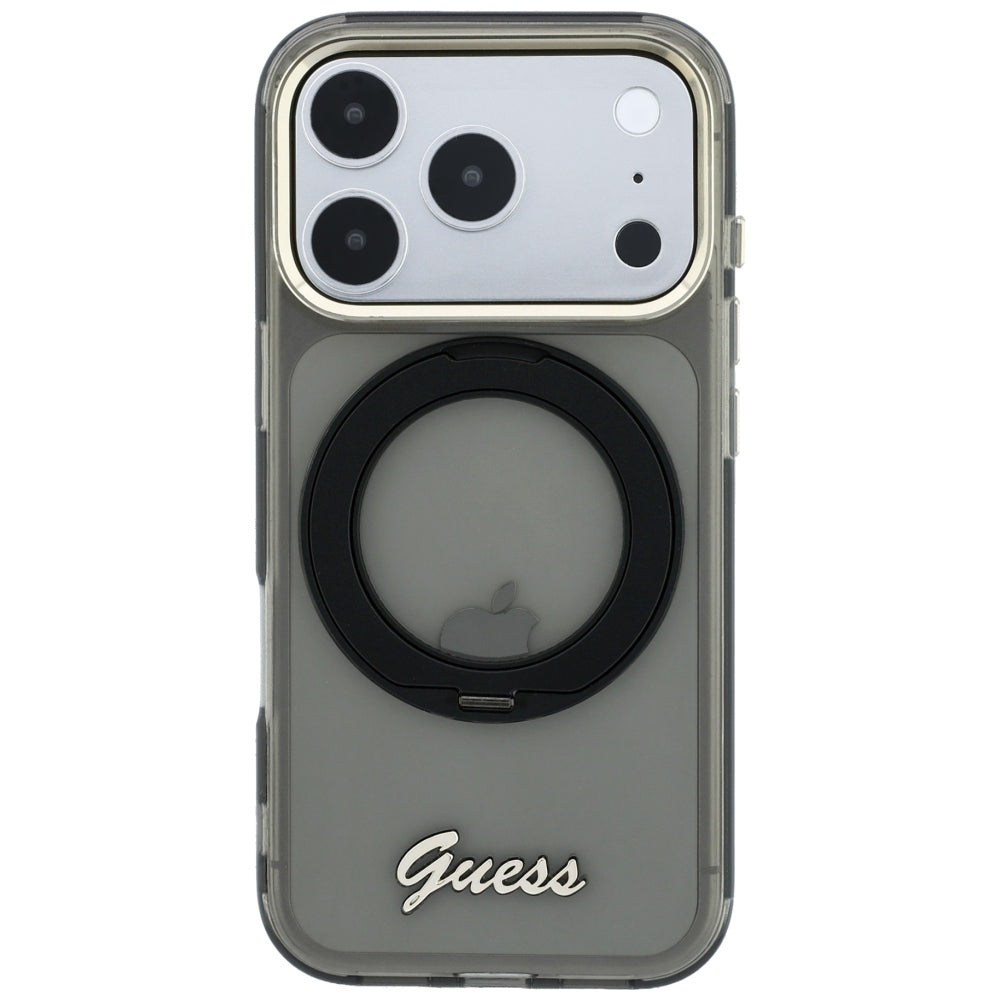 Калъф MagSafe за Apple iPhone 18 Pro / 17 Pro, Guess, Ring Stand Script Metal Logo, Черен