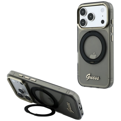 Калъф MagSafe за Apple iPhone 18 Pro / 17 Pro, Guess, Ring Stand Script Metal Logo, Черен