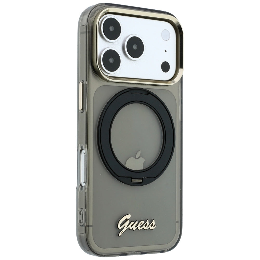 Калъф MagSafe за Apple iPhone 18 Pro / 17 Pro, Guess, Ring Stand Script Metal Logo, Черен