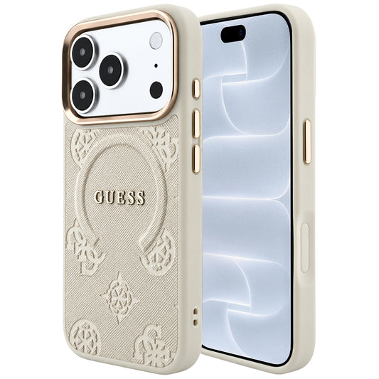 Калъф MagSafe за Apple iPhone 18 Pro / 17 Pro, Guess, Saffiano Peony Ring, бежов
