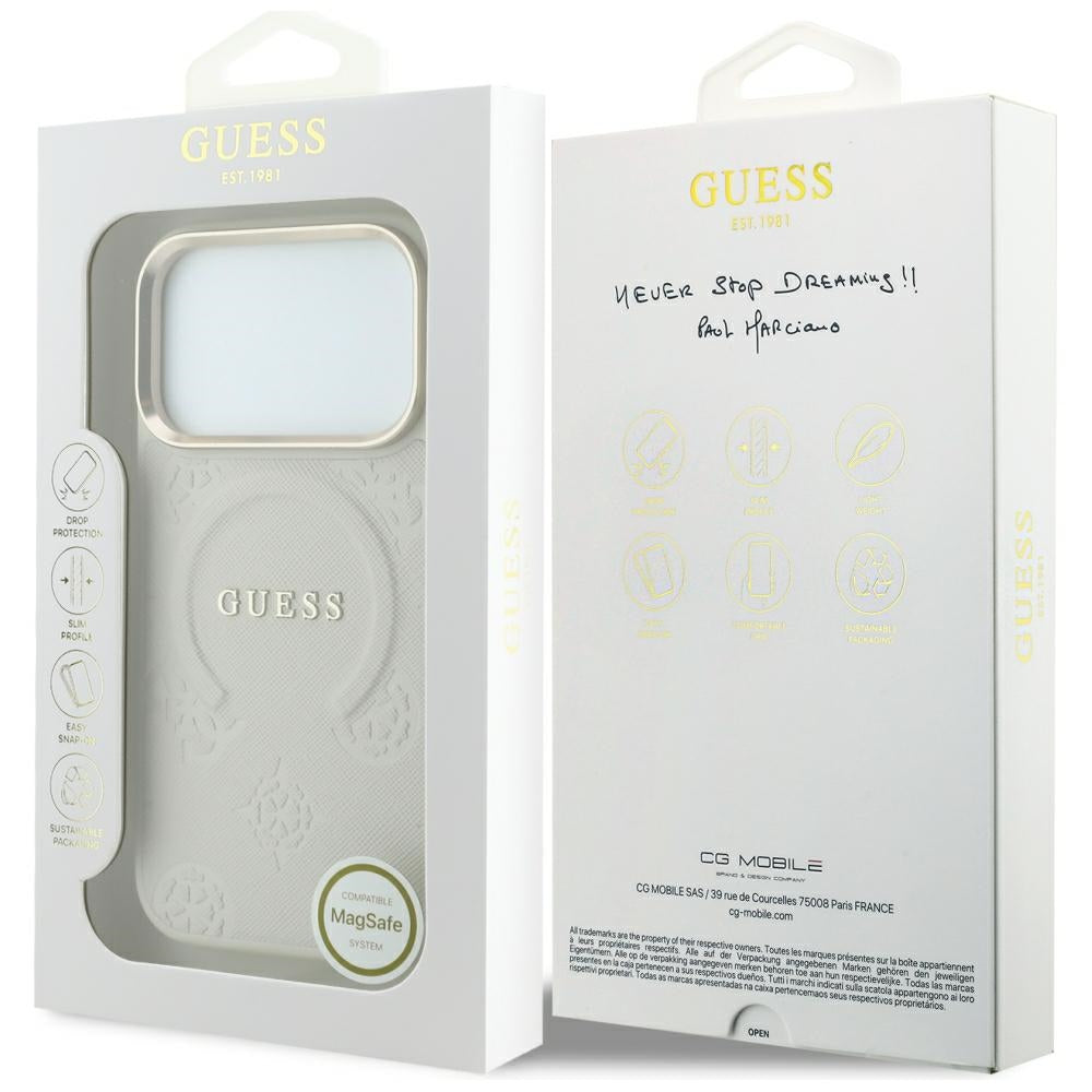 Калъф MagSafe за Apple iPhone 18 Pro / 17 Pro, Guess, Saffiano Peony Ring, бежов
