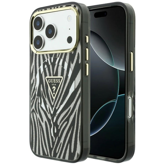 Калъф MagSafe за Apple iPhone 18 Pro / 17 Pro, Guess, Zebra Glitter Triangle Logo, Сребрист