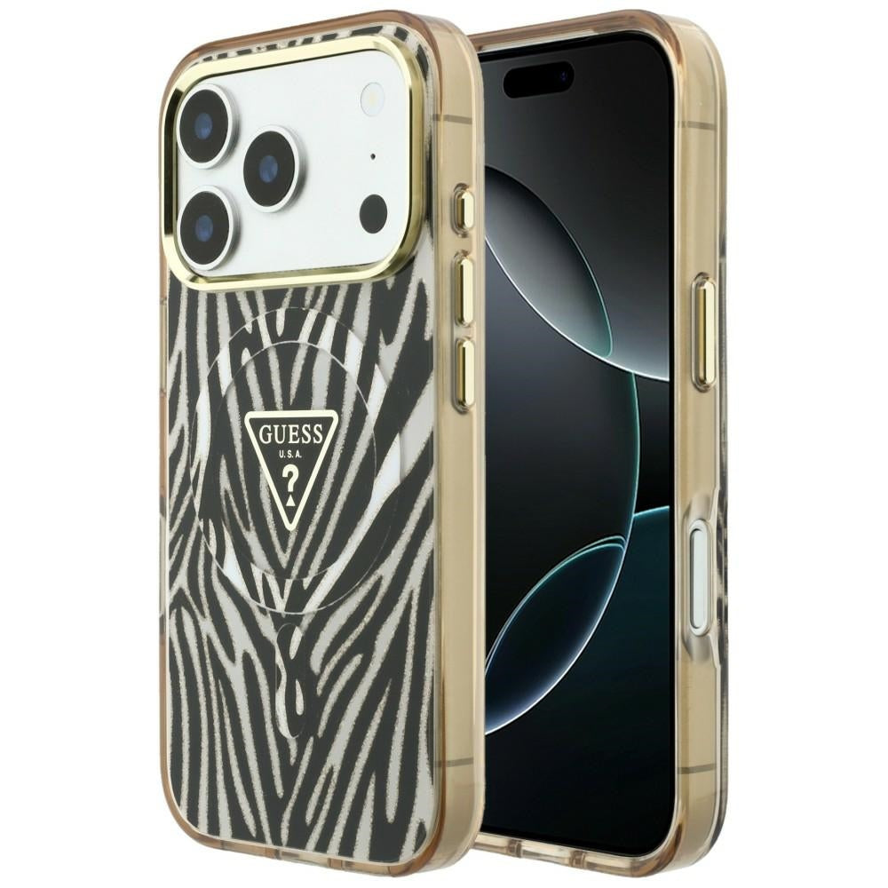 Калъф MagSafe за Apple iPhone 18 Pro / 17 Pro, Guess, Zebra Glitter Triangle Logo, Златист