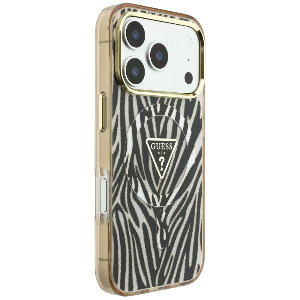 Калъф MagSafe за Apple iPhone 18 Pro / 17 Pro, Guess, Zebra Glitter Triangle Logo, Златист