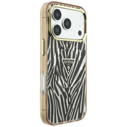 Калъф MagSafe за Apple iPhone 18 Pro / 17 Pro, Guess, Zebra Glitter Triangle Logo, Златист