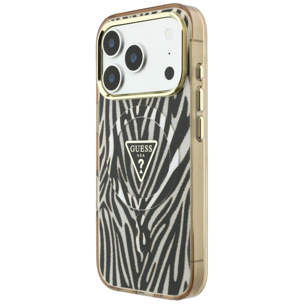 Калъф MagSafe за Apple iPhone 18 Pro / 17 Pro, Guess, Zebra Glitter Triangle Logo, Златист