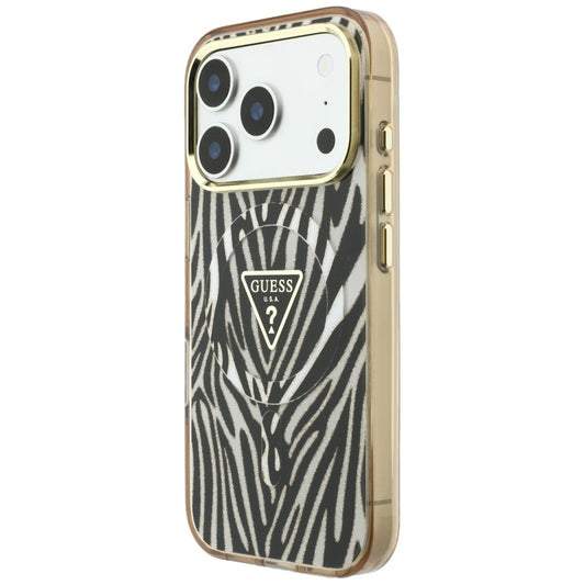 Калъф MagSafe за Apple iPhone 18 Pro / 17 Pro, Guess, Zebra Glitter Triangle Logo, Златист