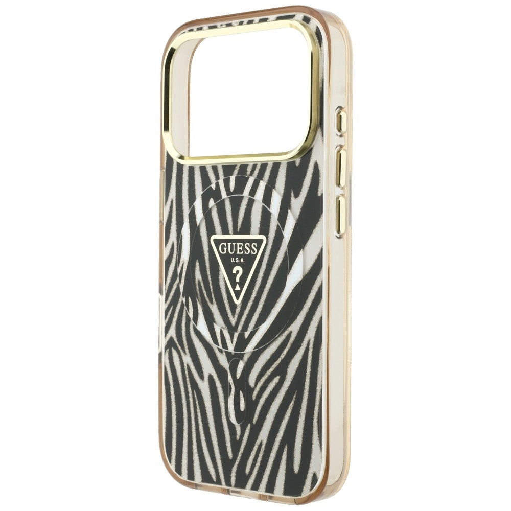 Калъф MagSafe за Apple iPhone 18 Pro / 17 Pro, Guess, Zebra Glitter Triangle Logo, Златист