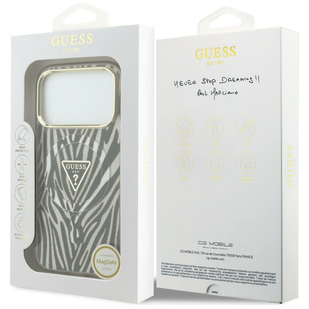 Калъф MagSafe за Apple iPhone 18 Pro / 17 Pro, Guess, Zebra Glitter Triangle Logo, Златист