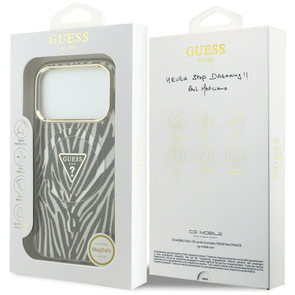 Калъф MagSafe за Apple iPhone 18 Pro / 17 Pro, Guess, Zebra Glitter Triangle Logo, Златист