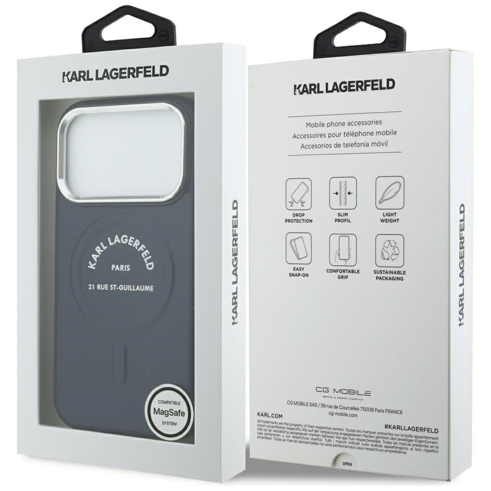 Калъф MagSafe за Apple iPhone 18 Pro / 17 Pro, Karl Lagerfeld, Embossed Open Ring RSG Logo, синя