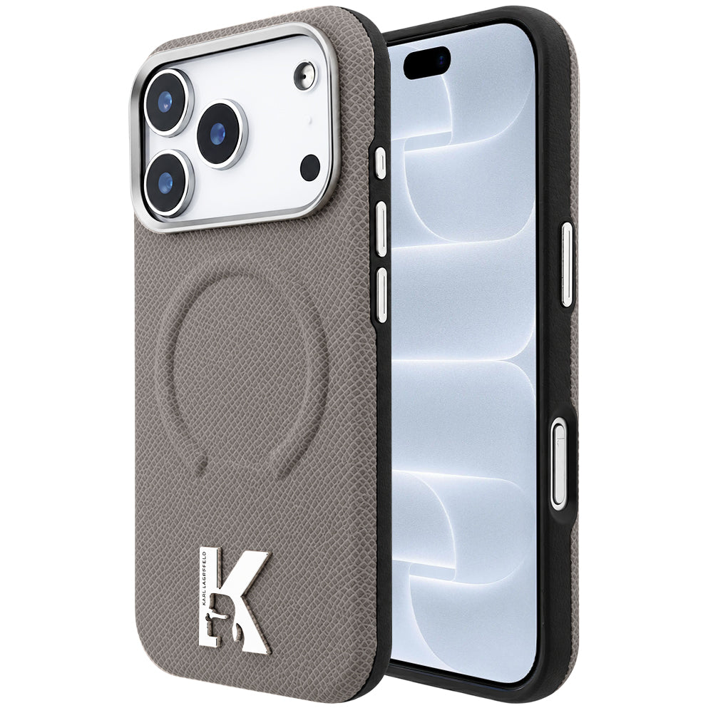 Калъф MagSafe за Apple iPhone 18 Pro / 17 Pro, Karl Lagerfeld, Зърнест релефен пръстен, Бежов