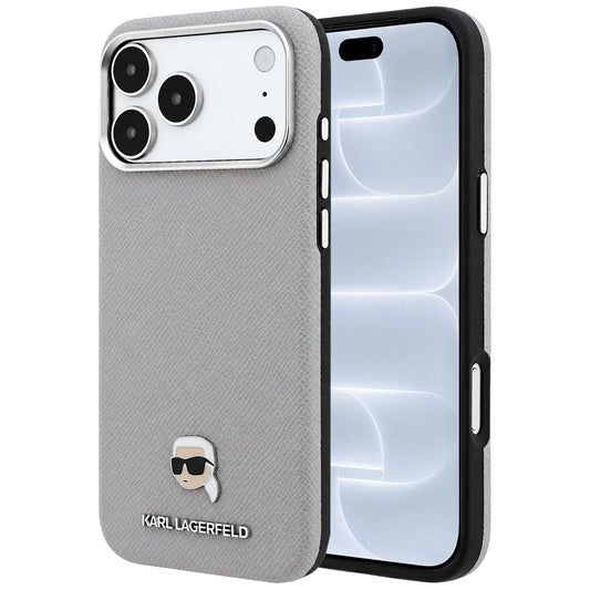 Калъф MagSafe за Apple iPhone 18 Pro / 17 Pro, Karl Lagerfeld, Зърнест метал с глава на Karl, Сив