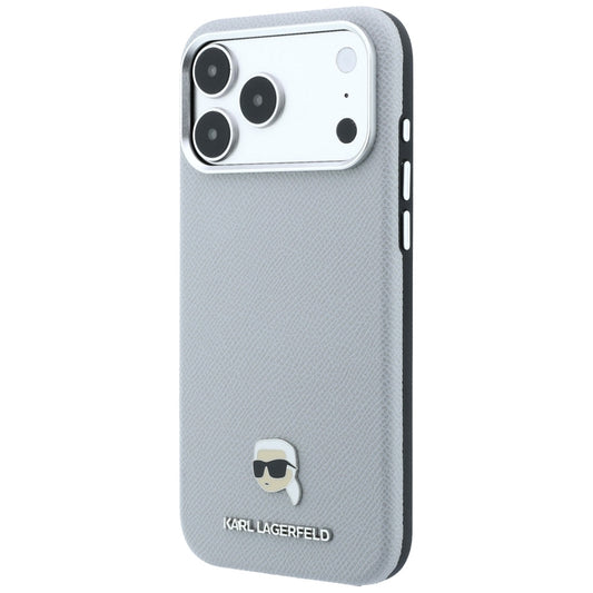 Калъф MagSafe за Apple iPhone 18 Pro / 17 Pro, Karl Lagerfeld, Зърнест метал с глава на Karl, Сив
