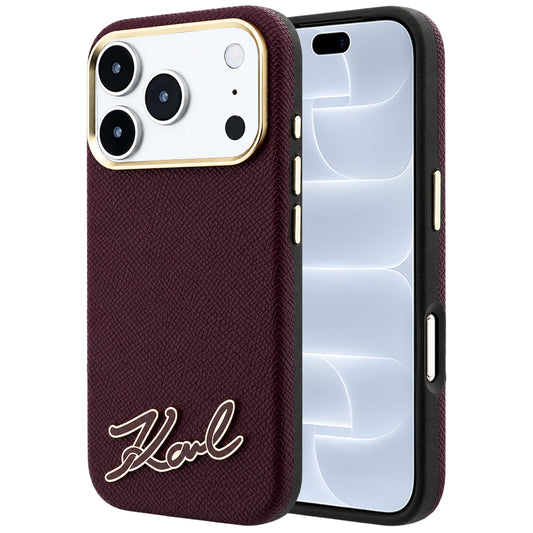Калъф MagSafe за Apple iPhone 18 Pro / 17 Pro, Karl Lagerfeld, Зърнеста смолиста емблема, Бордо