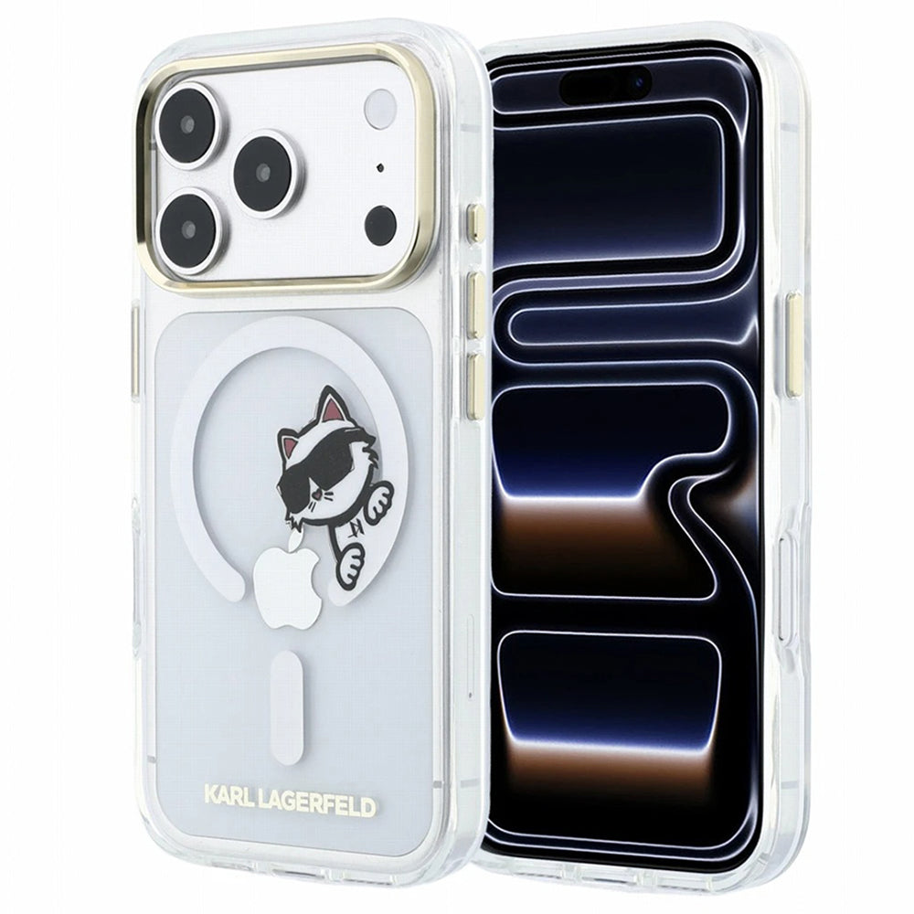 Калъф MagSafe за Apple iPhone 18 Pro / 17 Pro, Karl Lagerfeld, IML Peekaboo Print и метална рамка, прозрачен