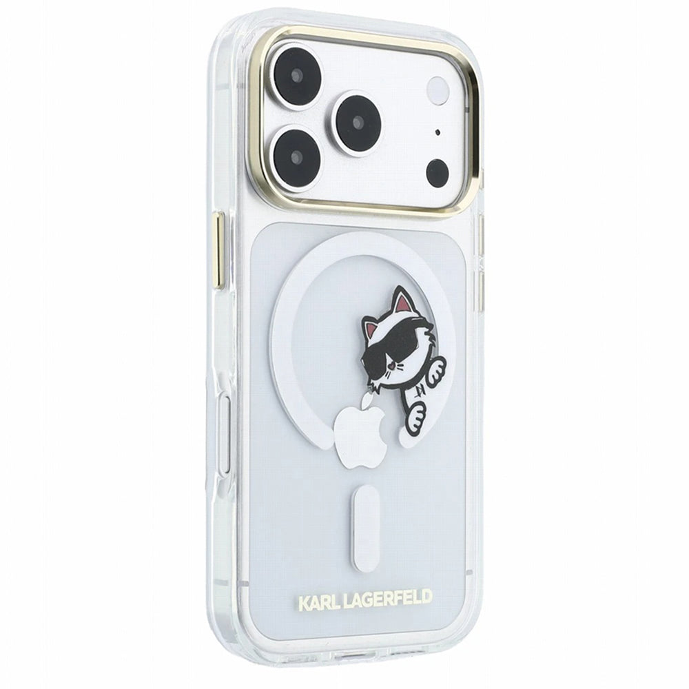 Калъф MagSafe за Apple iPhone 18 Pro / 17 Pro, Karl Lagerfeld, IML Peekaboo Print и метална рамка, прозрачен