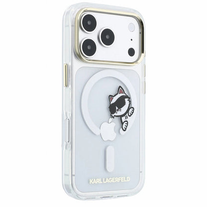 Калъф MagSafe за Apple iPhone 18 Pro / 17 Pro, Karl Lagerfeld, IML Peekaboo Print и метална рамка, прозрачен
