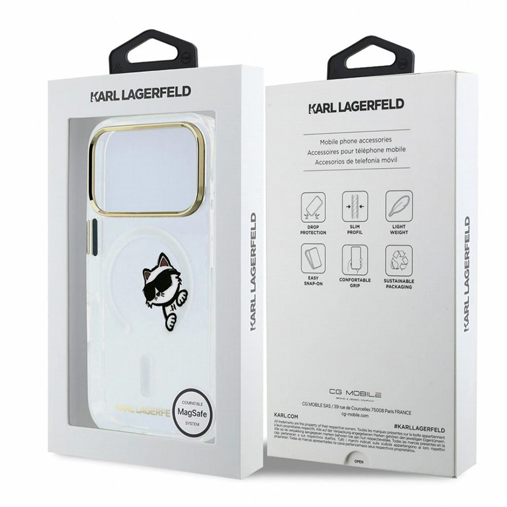 Калъф MagSafe за Apple iPhone 18 Pro / 17 Pro, Karl Lagerfeld, IML Peekaboo Print и метална рамка, прозрачен