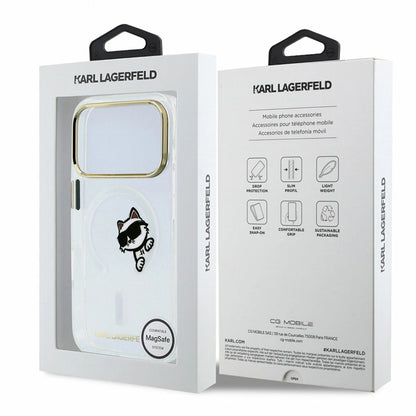 Калъф MagSafe за Apple iPhone 18 Pro / 17 Pro, Karl Lagerfeld, IML Peekaboo Print и метална рамка, прозрачен