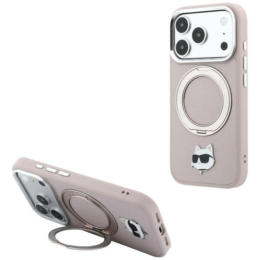Калъф MagSafe за Apple iPhone 18 Pro / 17 Pro, Karl Lagerfeld, Ring Stand 360 Choupette Pin, розов