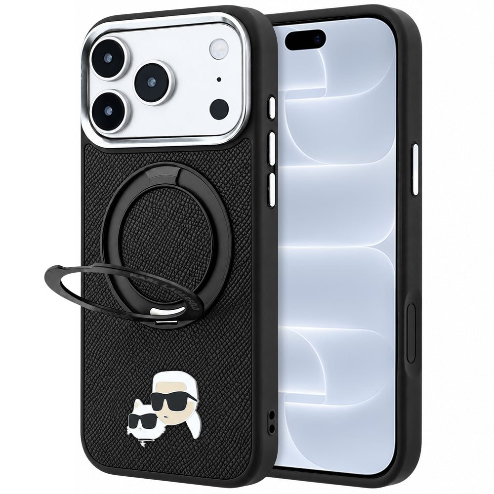 Калъф MagSafe за Apple iPhone 18 Pro / 17 Pro, Karl Lagerfeld, Ring Stand 360 Karl & Choupette Pin, Черен