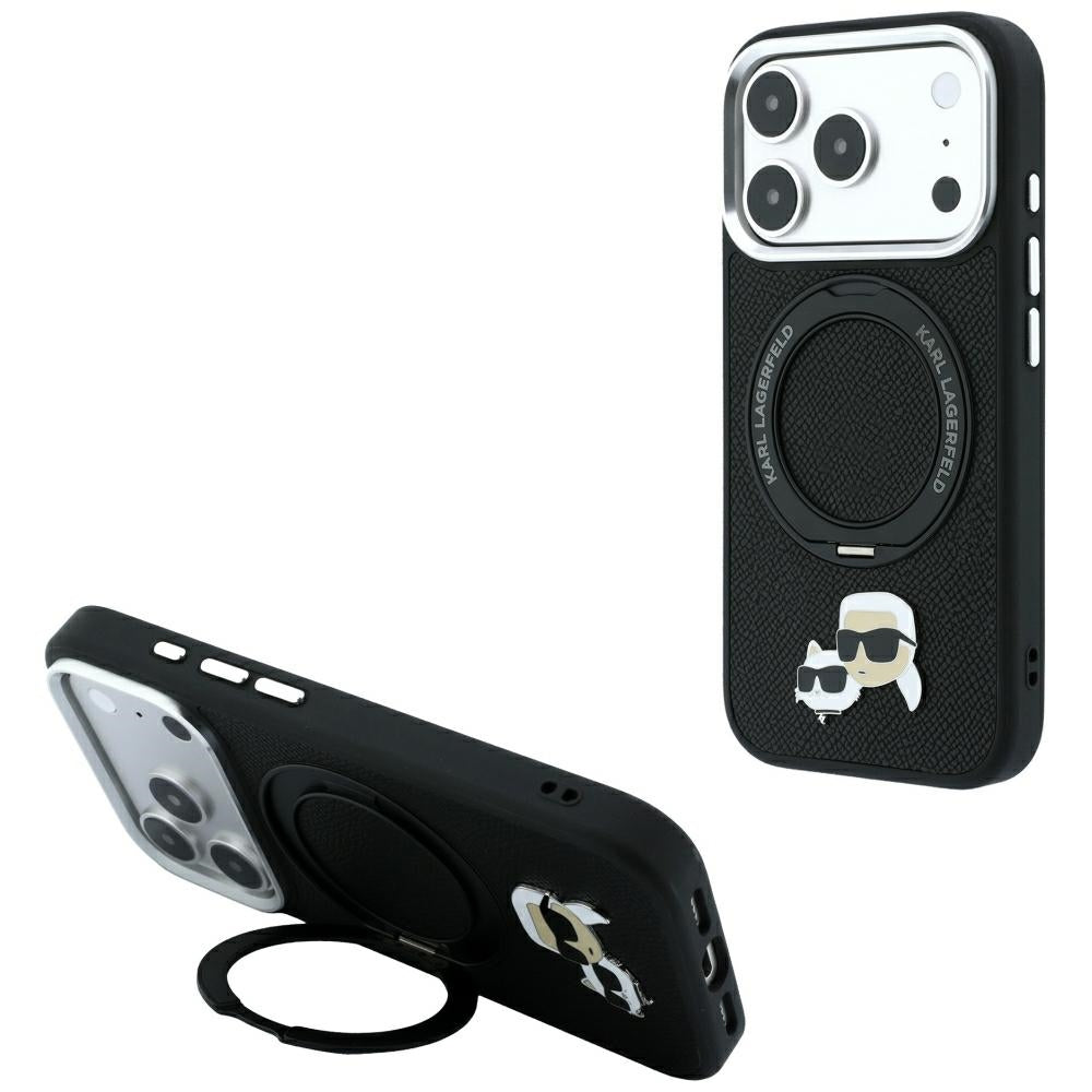 Калъф MagSafe за Apple iPhone 18 Pro / 17 Pro, Karl Lagerfeld, Ring Stand 360 Karl & Choupette Pin, Черен