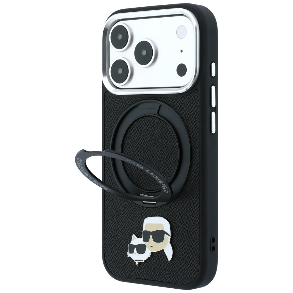 Калъф MagSafe за Apple iPhone 18 Pro / 17 Pro, Karl Lagerfeld, Ring Stand 360 Karl & Choupette Pin, Черен