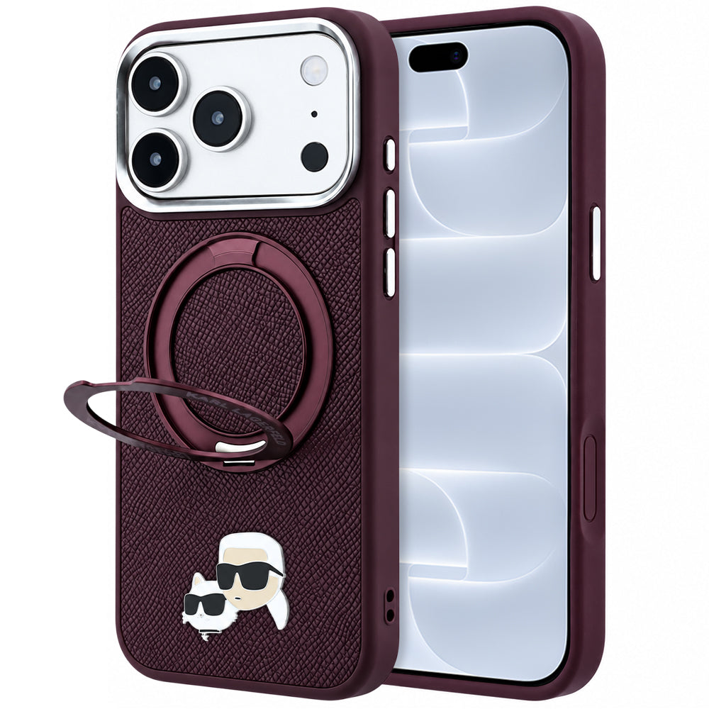 Калъф MagSafe за Apple iPhone 18 Pro / 17 Pro, Karl Lagerfeld, Ring Stand 360 Karl & Choupette Pin, Бордо