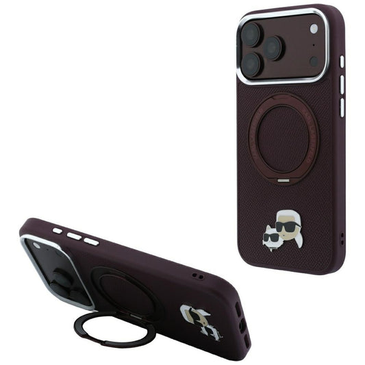 Калъф MagSafe за Apple iPhone 18 Pro / 17 Pro, Karl Lagerfeld, Ring Stand 360 Karl & Choupette Pin, Бордо