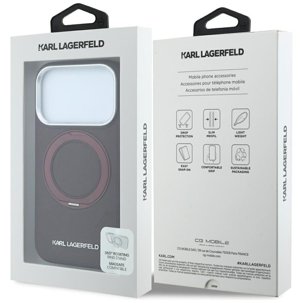 MagSafe Case for Apple iPhone 18 Pro / 17 Pro, Karl Lagerfeld, Ring Stand 360 Saffiano, Burgundy