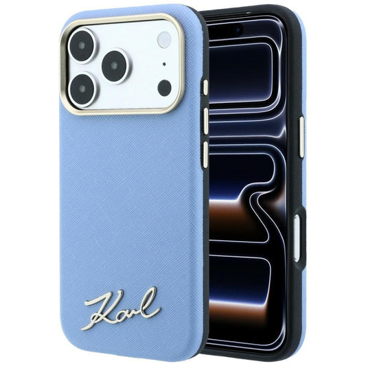MagSafe Case for Apple iPhone 18 Pro / 17 Pro, Karl Lagerfeld, Saffiano Small Script Metal Logo, Blue