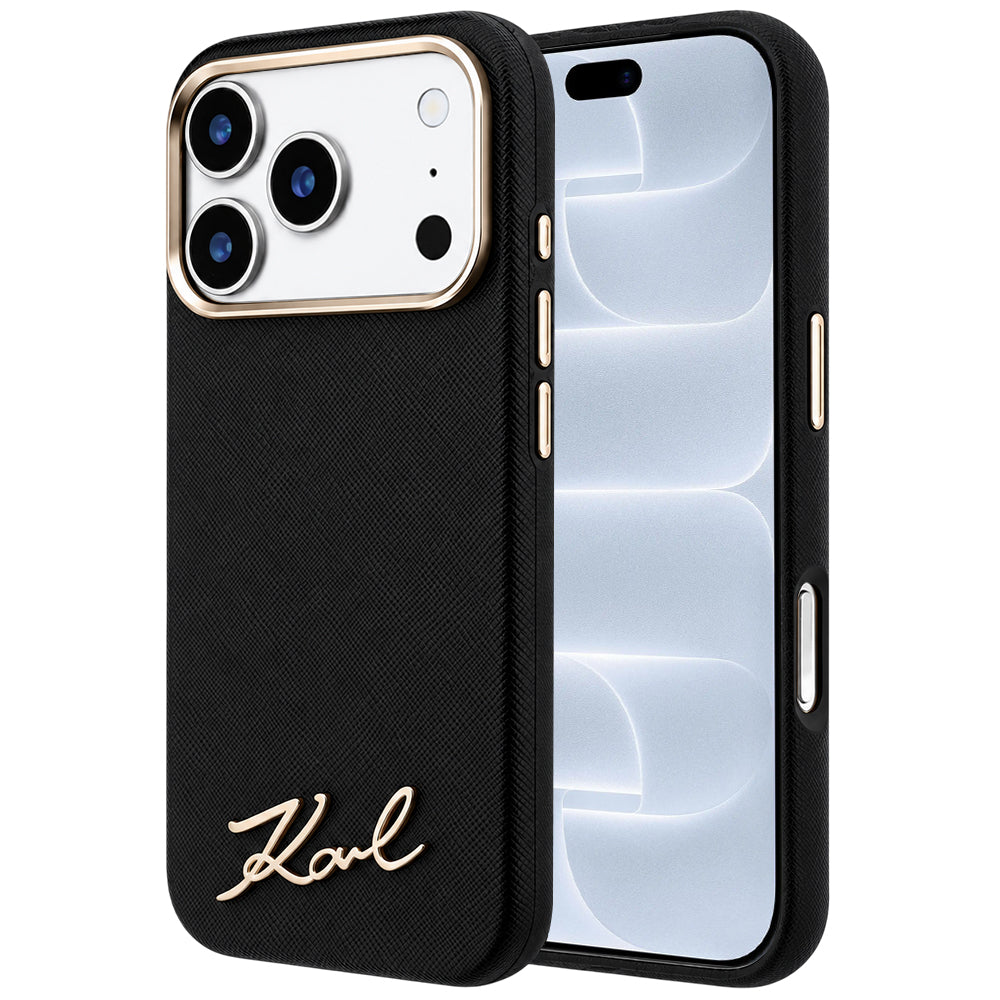 MagSafe Case for Apple iPhone 18 Pro / 17 Pro, Karl Lagerfeld, Saffiano Small Script Metal Logo, Black