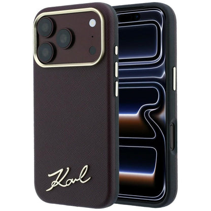 Калъф MagSafe за Apple iPhone 18 Pro / 17 Pro, Karl Lagerfeld, Saffiano Small Script Metal Logo, Бордо