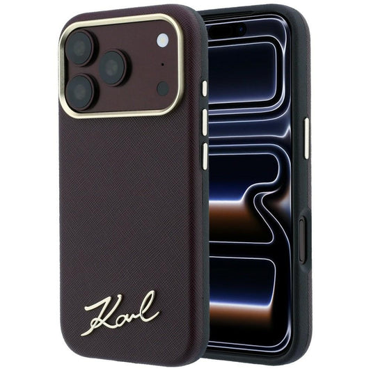 Калъф MagSafe за Apple iPhone 18 Pro / 17 Pro, Karl Lagerfeld, Saffiano Small Script Metal Logo, Бордо