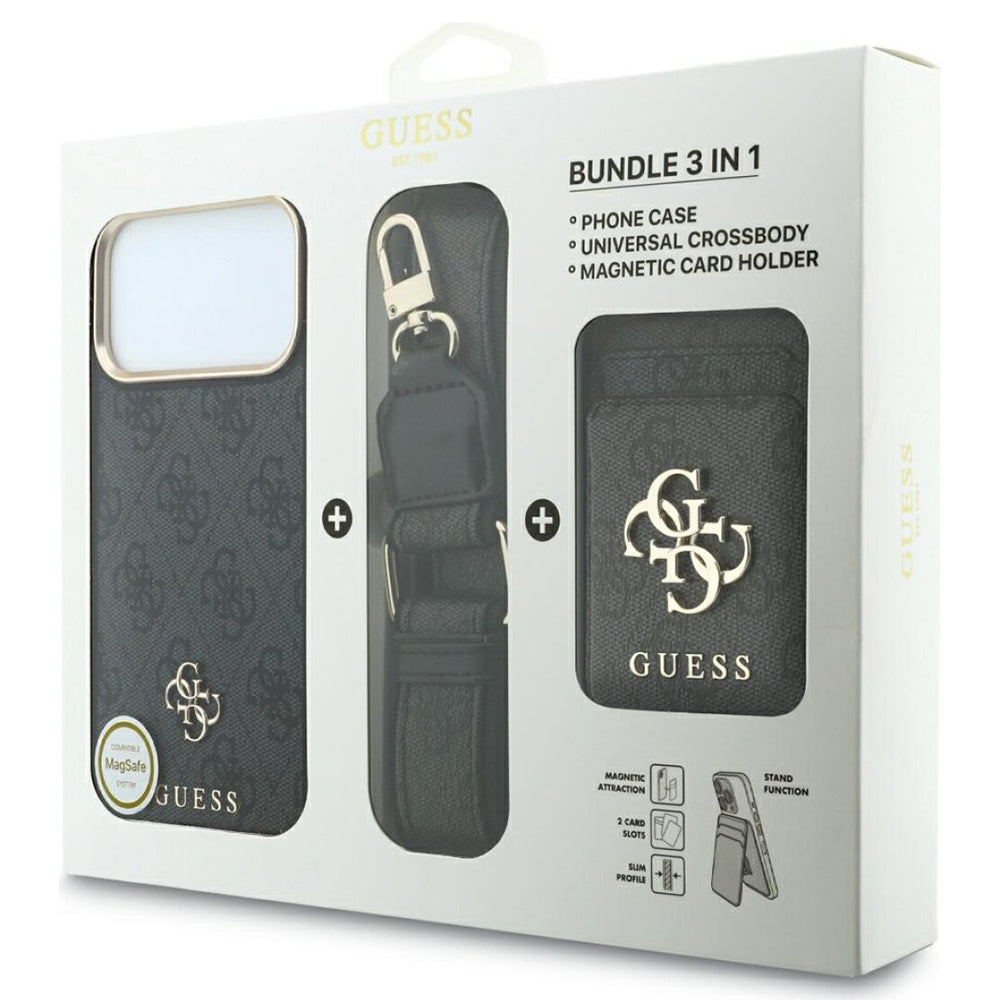Калъф MagSafe за Apple iPhone 18 Pro Max / 17 Pro Max, Guess, 4G Cardslot & Big Strap, черен