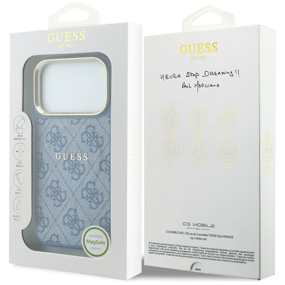 Калъф MagSafe за Apple iPhone 18 Pro Max / 17 Pro Max, Guess, 4G Embossed Classic, Син