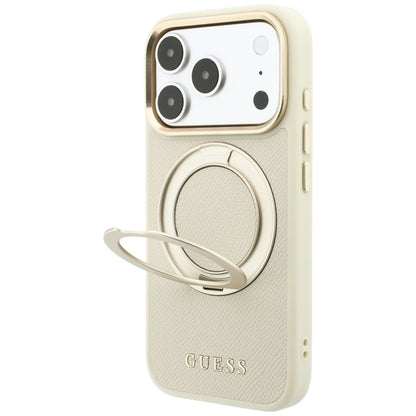 Калъф MagSafe за Apple iPhone 18 Pro Max / 17 Pro Max, Guess, Grained Ring Stand 360 Classic, Бежов