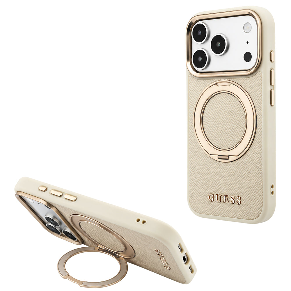 Калъф MagSafe за Apple iPhone 18 Pro Max / 17 Pro Max, Guess, Grained Ring Stand 360 Classic, Бежов