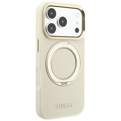 Калъф MagSafe за Apple iPhone 18 Pro Max / 17 Pro Max, Guess, Grained Ring Stand 360 Classic, Бежов