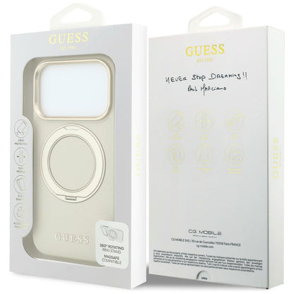 Калъф MagSafe за Apple iPhone 18 Pro Max / 17 Pro Max, Guess, Grained Ring Stand 360 Classic, Бежов
